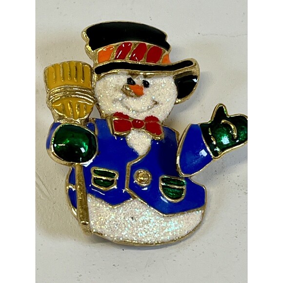 Vtg 1980's Enamel Christmas Snowman Brooch‎ Pin W/ Moving Waving Arm. Emblished - Picture 6 of 6